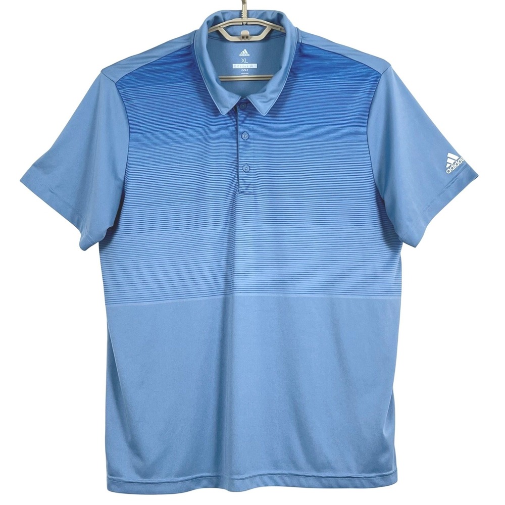 Adidas Mens Golf Polo Shirt XL Blue Striped Short Sleeve Performance Athletic